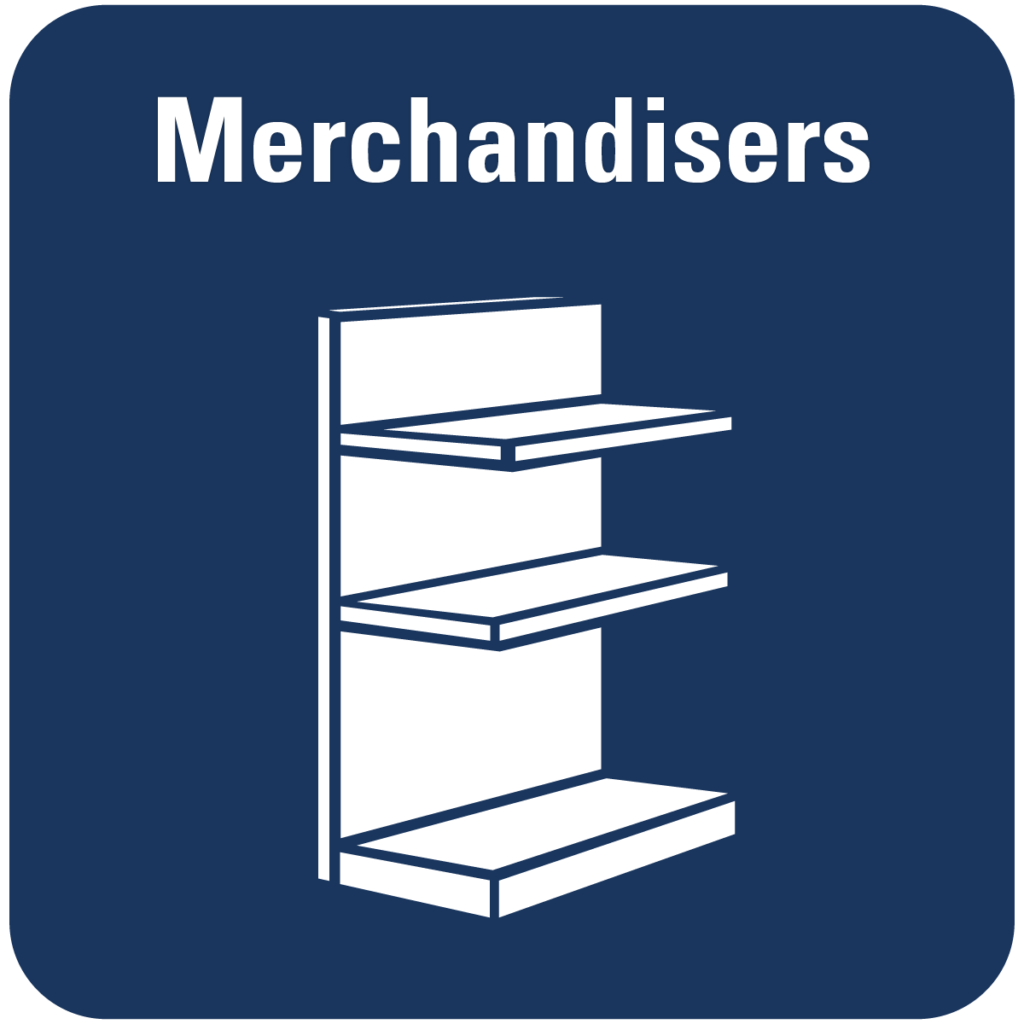 Blue icon showing merchandiser shelving with “Merchandisers” label