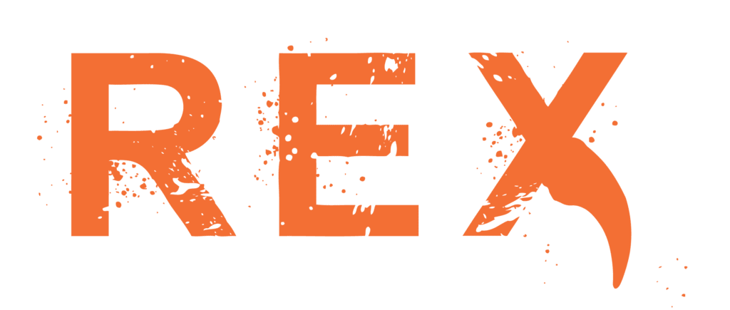 Partial view of an orange REX-branded graphic with splatter texture