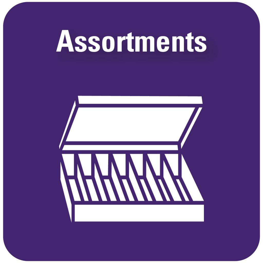 Purple square labeled Assortments with small parts organizer icon