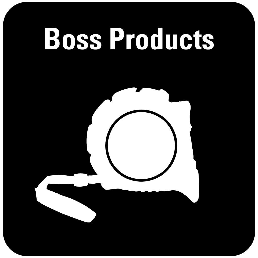Black square labeled Boss Products with tape measure illustration