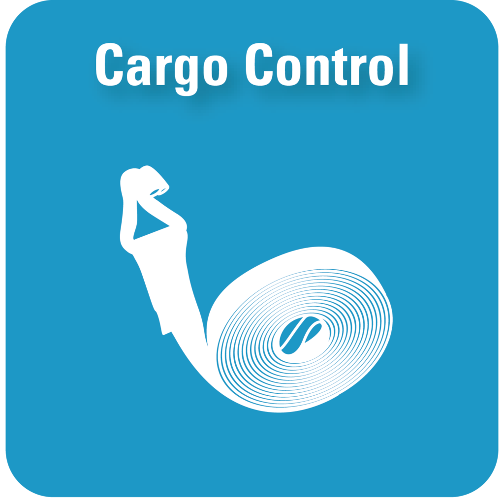Blue square labeled Cargo Control with rolled strap graphic