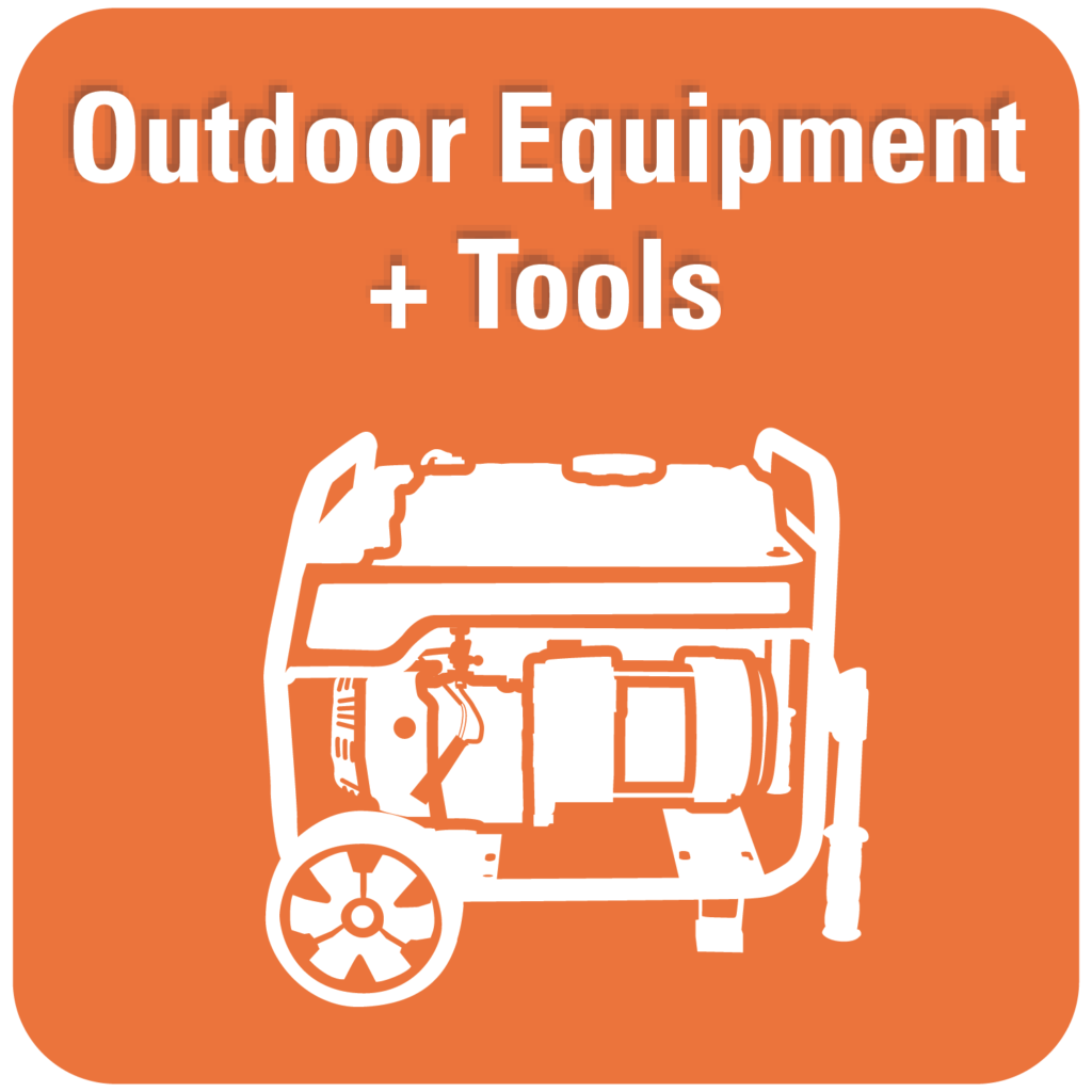 Orange square with generator illustration and Outdoor Equipment and Tools text