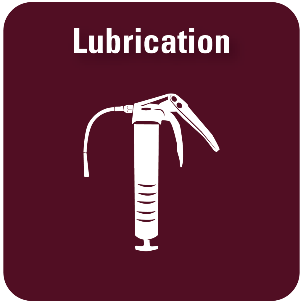 Dark red square labeled Lubrication with grease gun icon