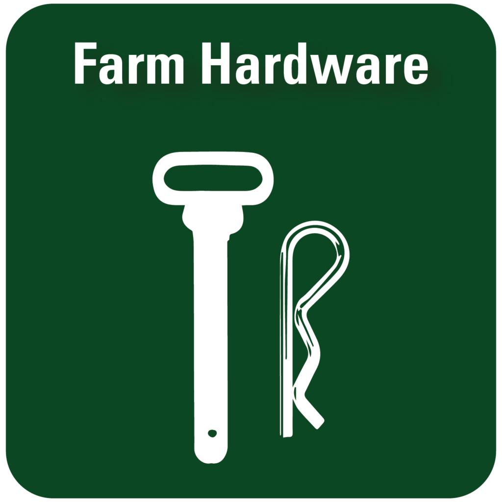 Green square showing Farm Hardware text with tool silhouettes