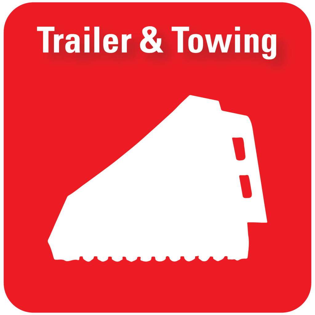Red square labeled Trailer and Towing with a trailer ramp graphic
