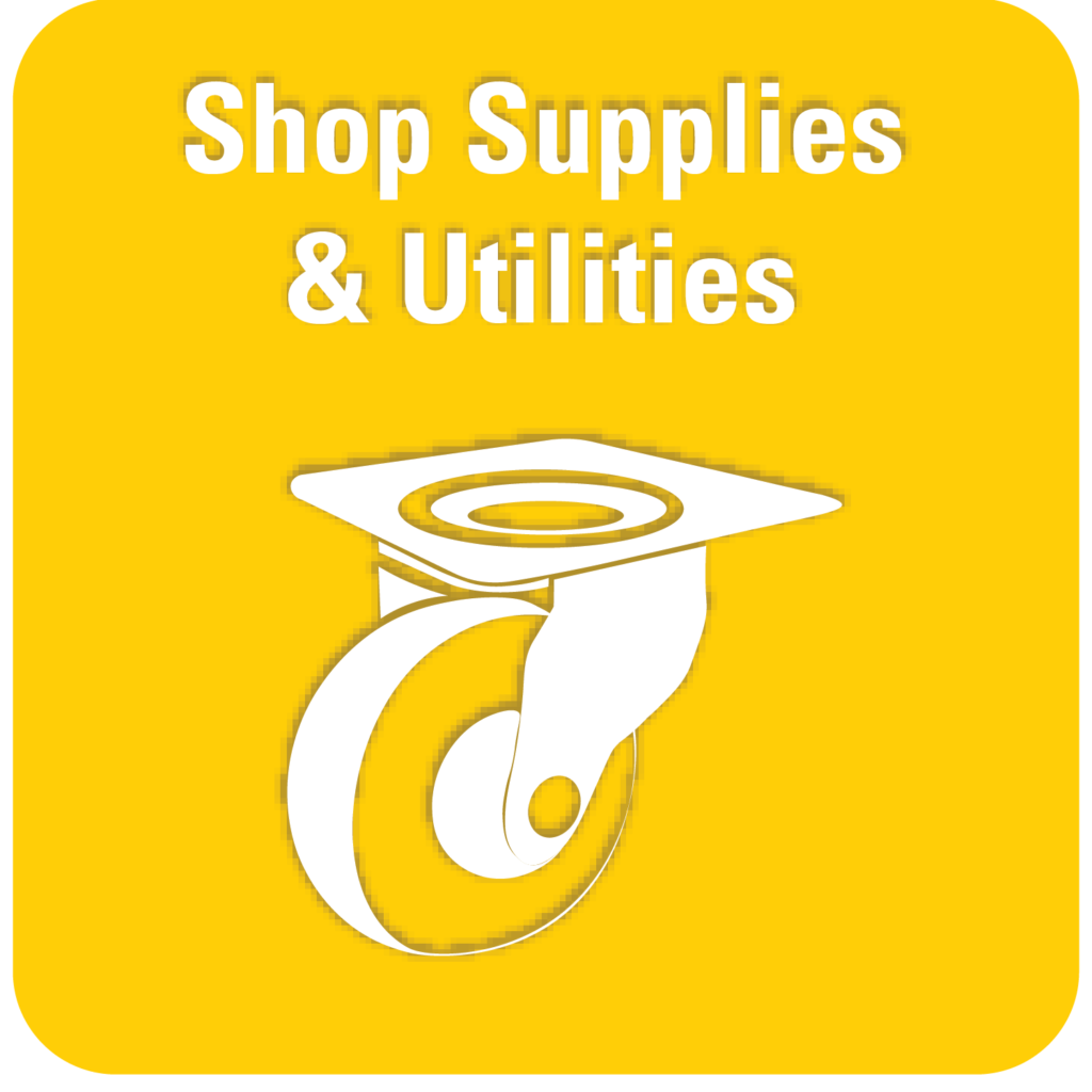 Yellow square labeled Shop Supplies and Utilities with caster wheel graphic